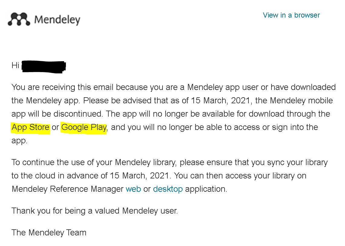 モバイル版Mendeleyアプリが終了